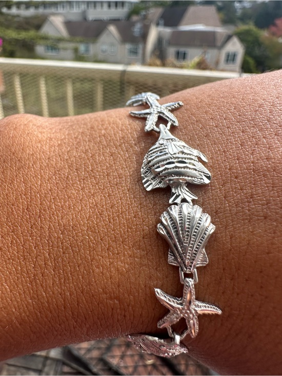 Unknown Jewelry - Vintage 925 Sterling Silver Shell & Starfish Bracelet - Women's Beach Jewelry
